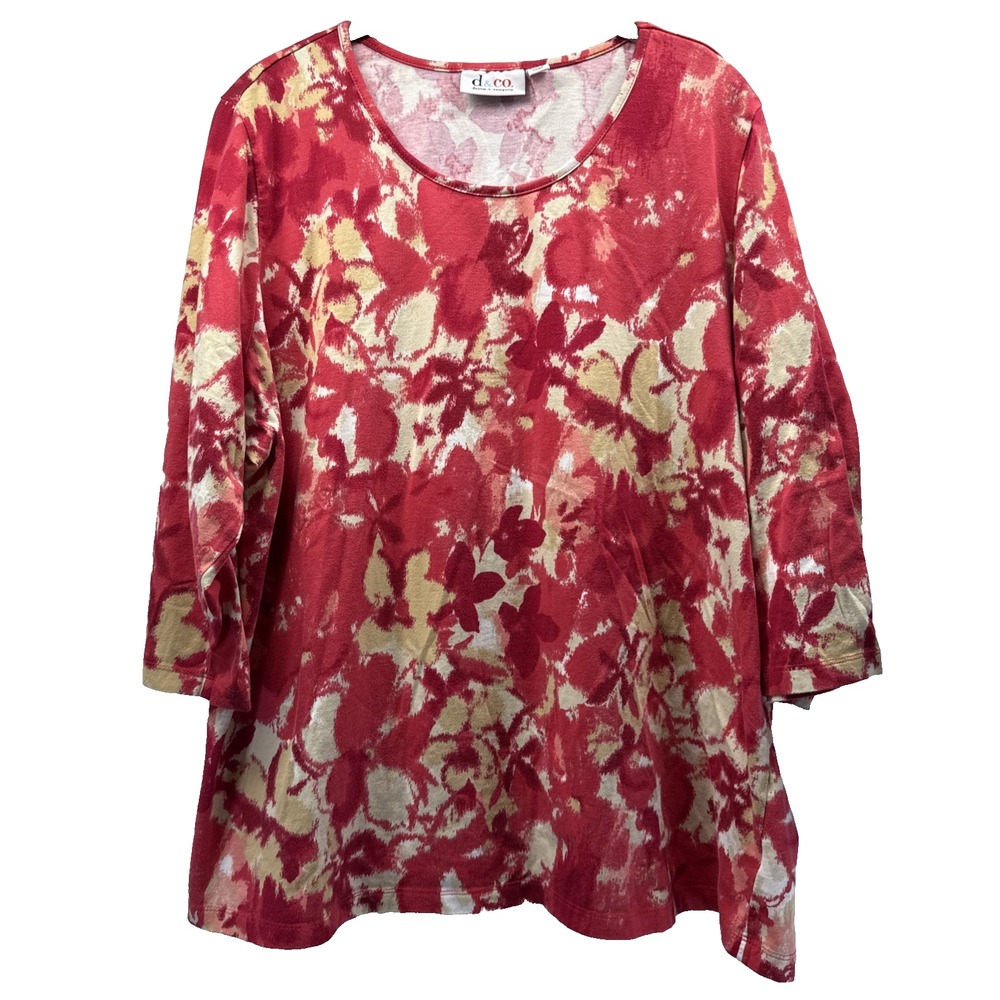 Denim & Co Women's Top Size 1X Plus Red Tan Pullover Cotton Spandex 3/4 Sleeves